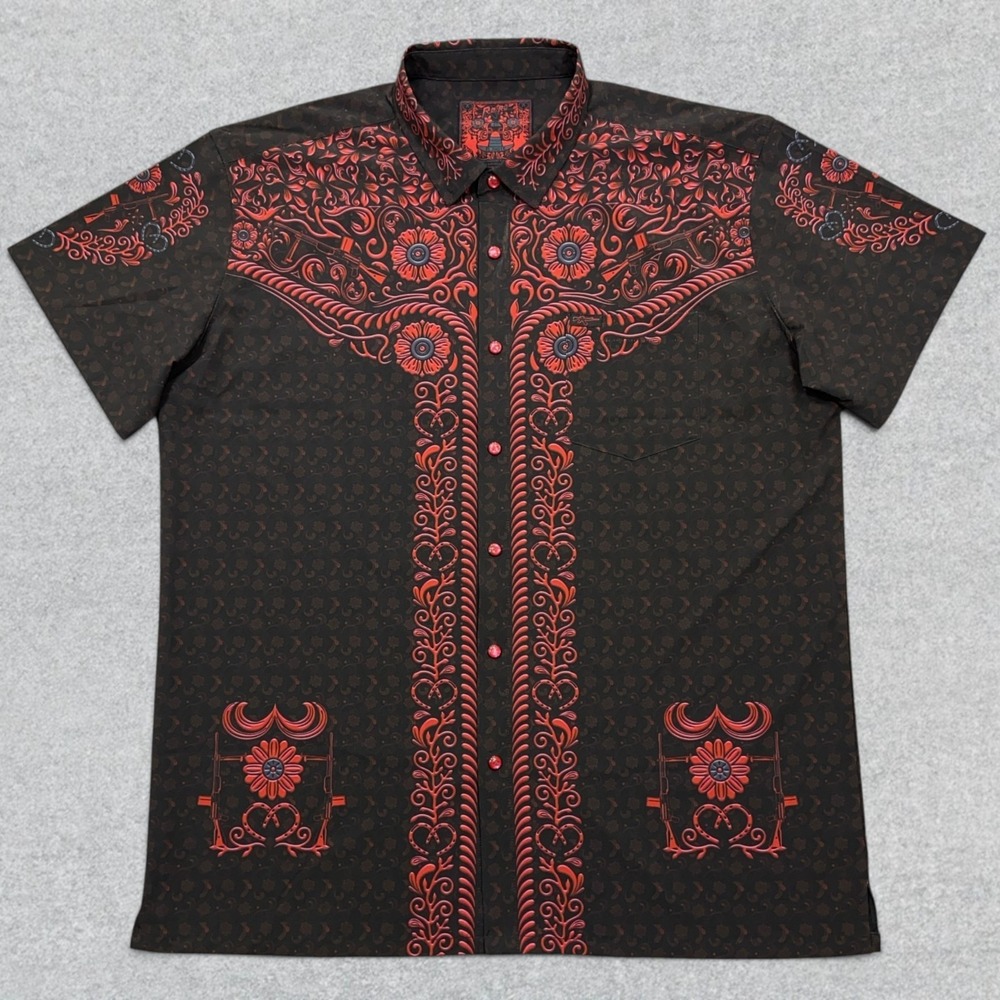 Retro Rifle El Jinete Shirt Men's 2XL Black Red Graphic Stretch Snap Up Western